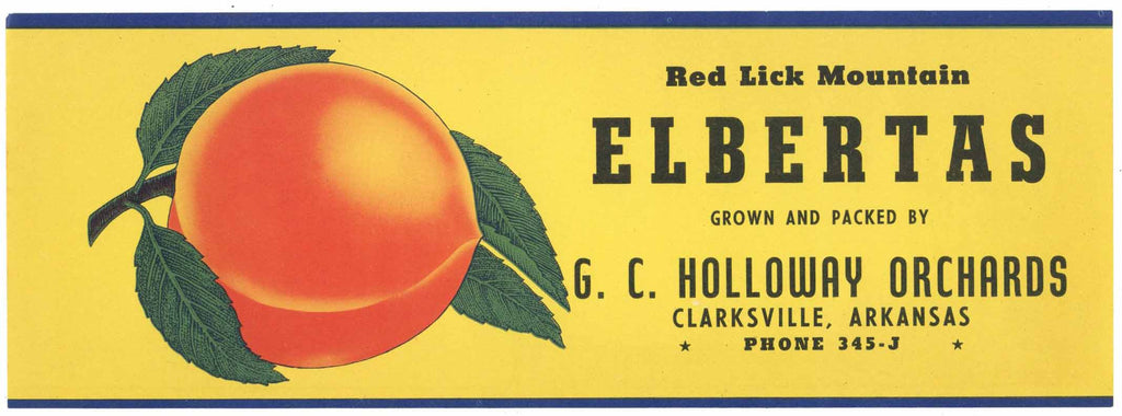 Red Lick Mountain Elbertas Brand Vintage Clarksville Arkansas Peach Crate Label