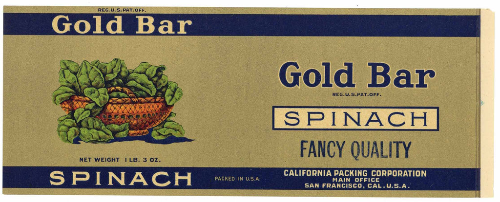 Gold Bar Brand Vintage Spinach Can Label