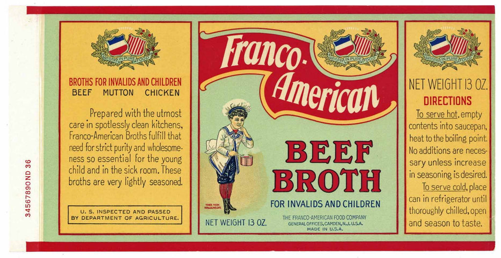 Frano-American Brand Vintage Camden New Jersey Beef Broth Can Label