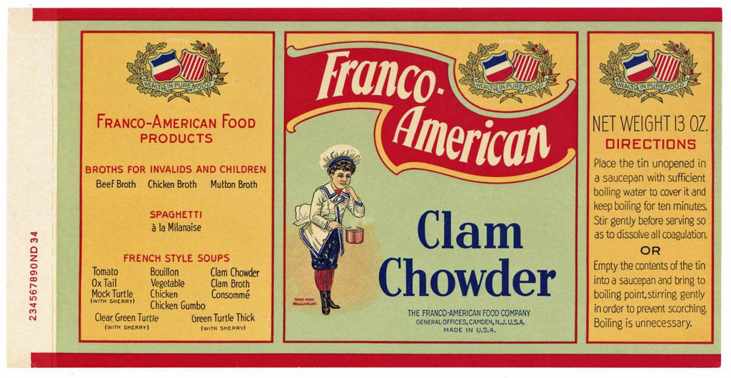 Frano-American Brand Vintage Camden New Jersey Clam Chowder Can Label