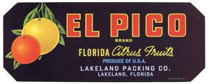 El Pico Brand Vintage Lakeland Florida Citrus Crate Label