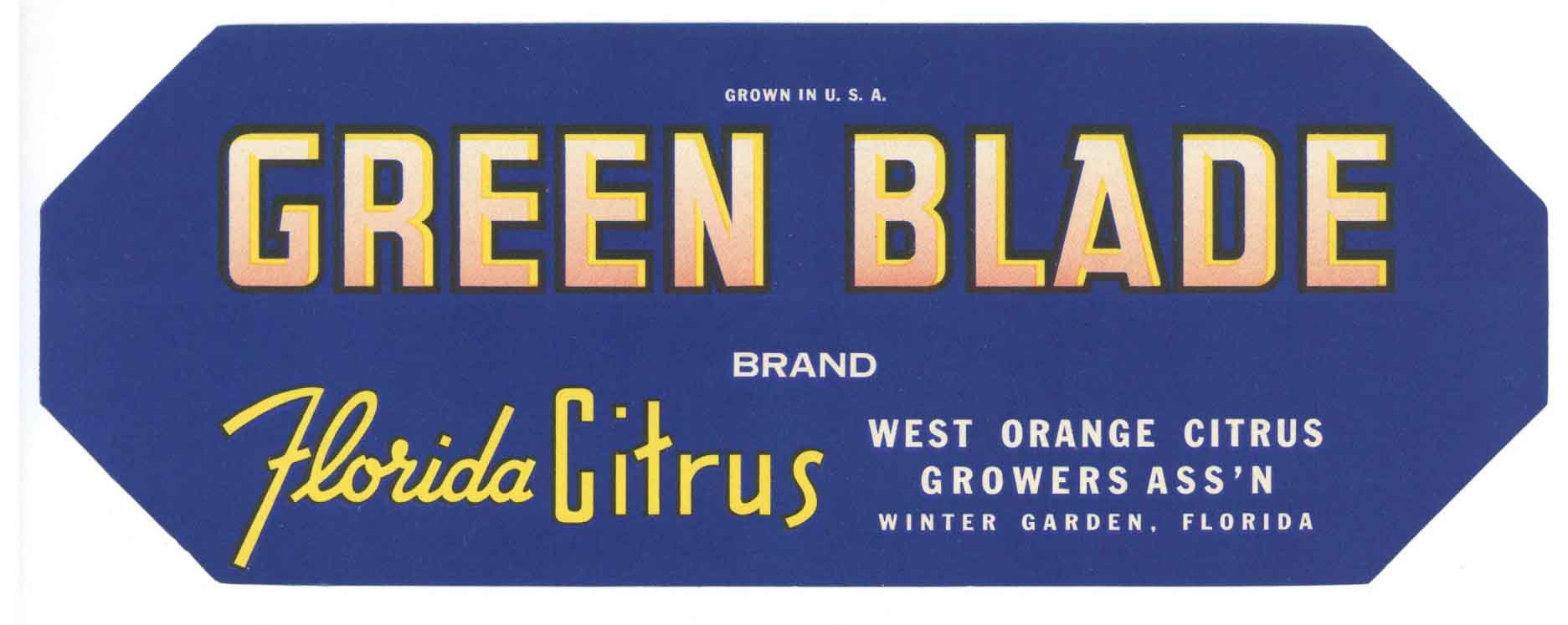 Green Blade Brand Vintage Winter Garden Florida Citrus Crate Label