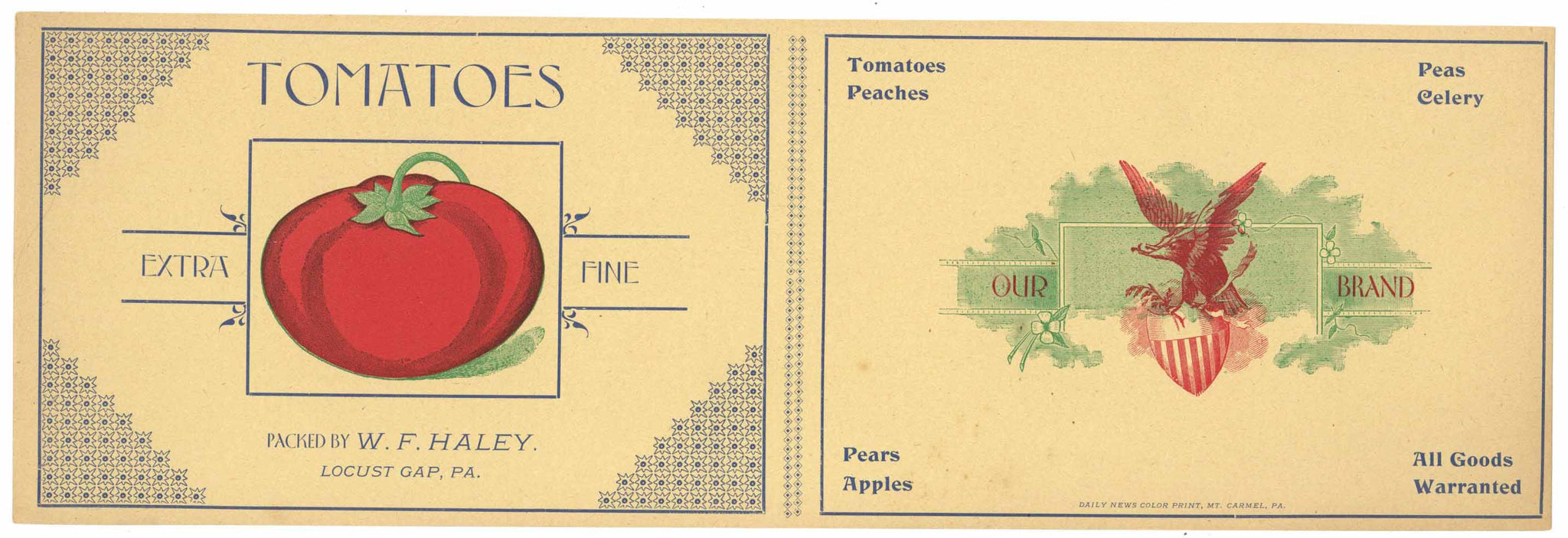 Our Brand Brand Vintage Locust Gap Pennsylvania Tomato Can Label