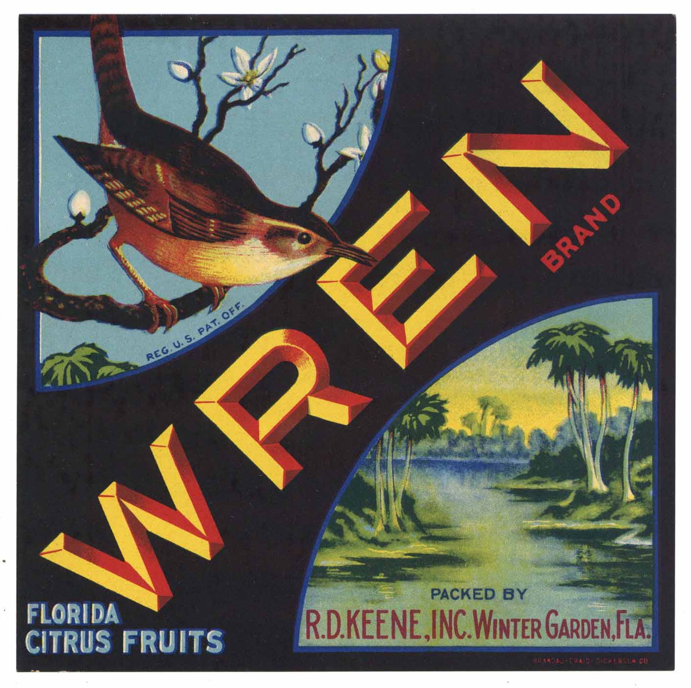 Wren Brand Vintage Winter Garden Florida Citrus Crate Label, s