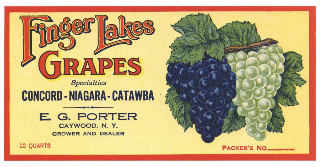Finger Lakes Grapes Brand Vintage New York Grape Crate Label, Caywood