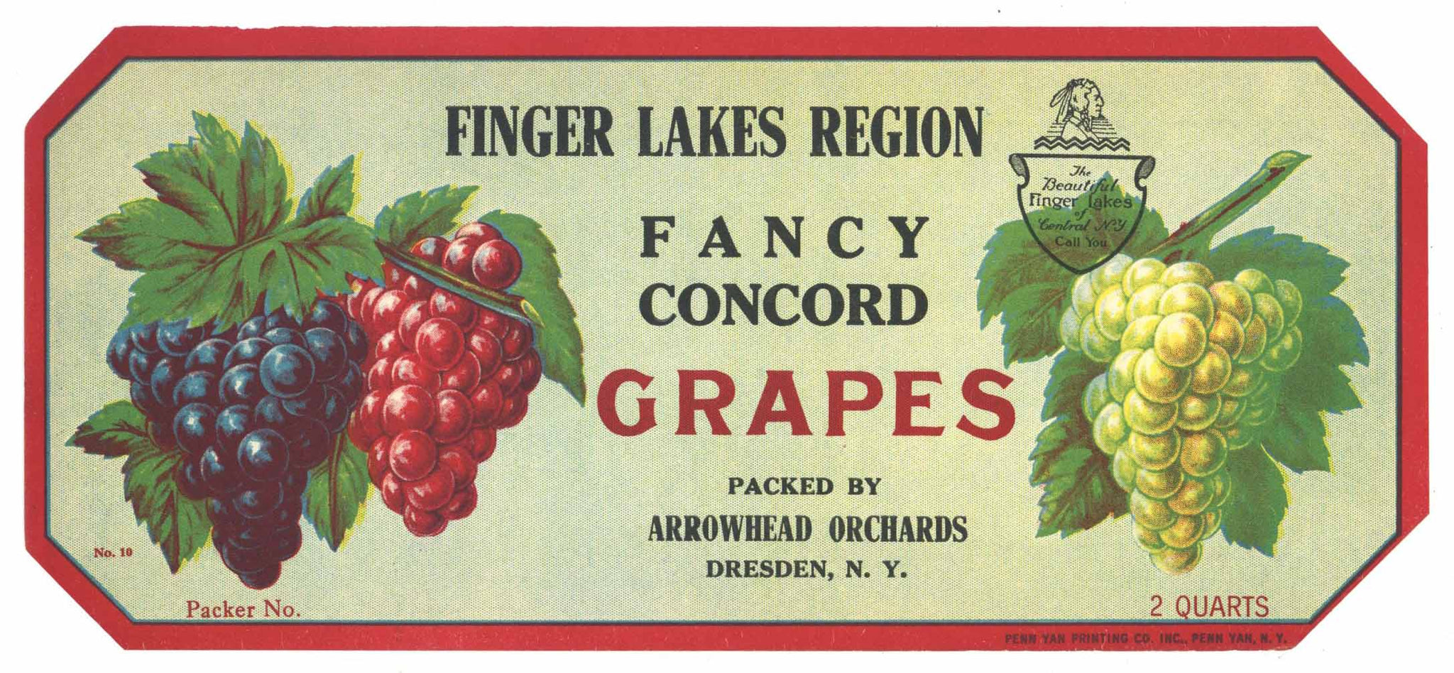 Finger Lakes Region Brand Vintage Concord Grape Crate Label, Arrowhead