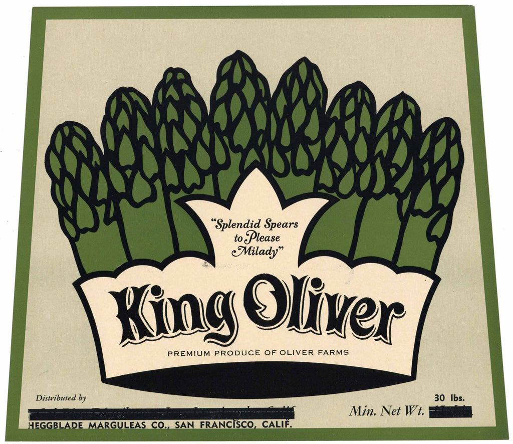 King Oliver Brand Vintage Asparagus Crate Label