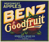 Benz Goodfruit Brand Vintage Yakima Washington Apple Crate Label