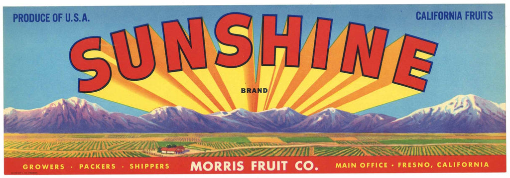 Sunshine Brand Vintage Fresno California Fruit Crate Label