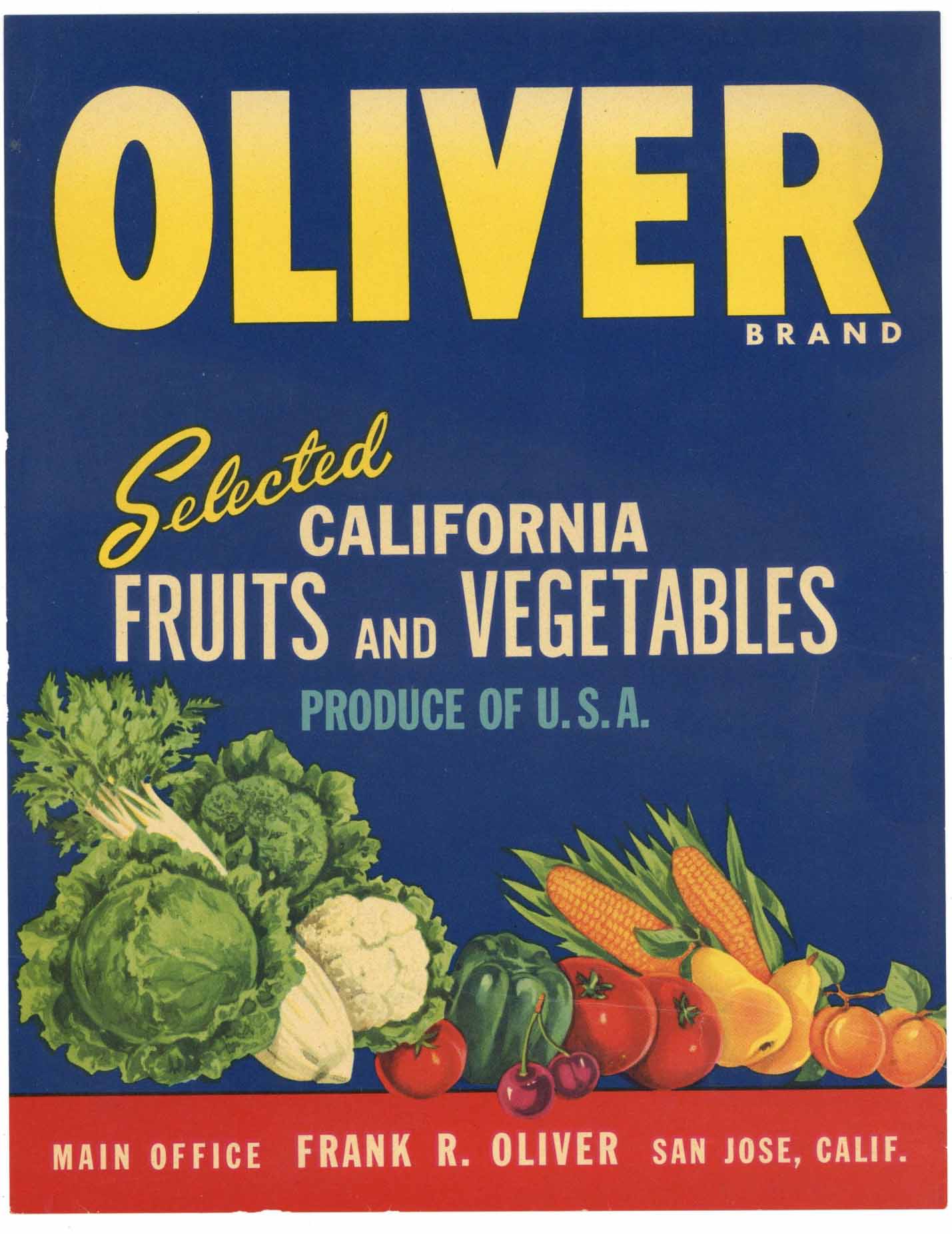 Oliver Brand Vintage San Jose Vegetable Crate Label