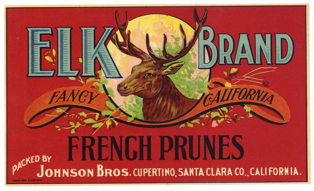 Elk Brand Vintage Cupertino, Santa Clara Valley Prune Crate Label