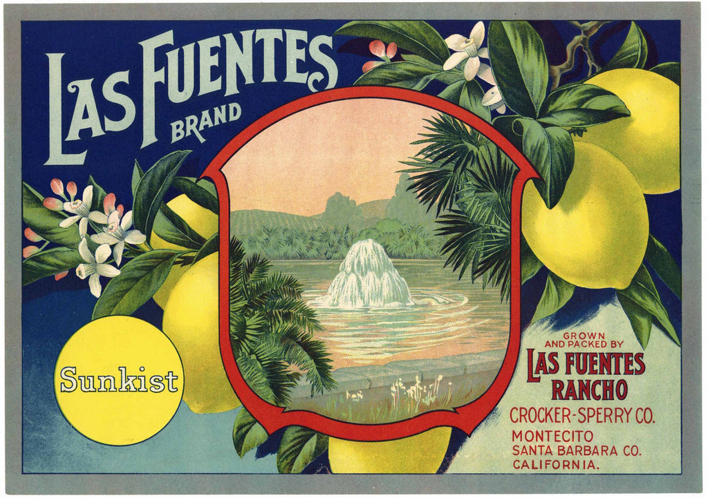 Las Fuentes Brand Vintage Santa Barbara County Lemon Crate Label, Sunkist