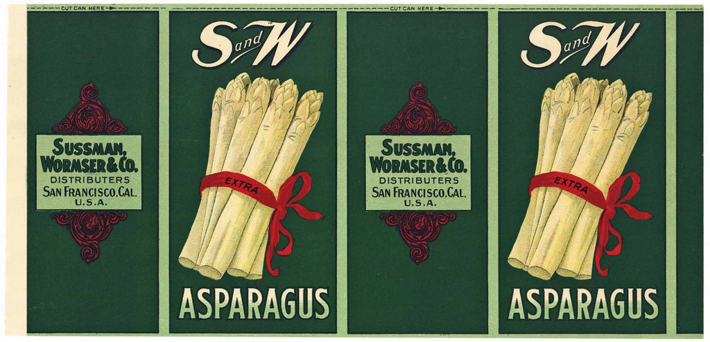 S and W Brand Vintage Sussman Wormser Asparagus Can Label