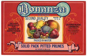 Bonanza Brand Vintage Pitted Prunes Can Label