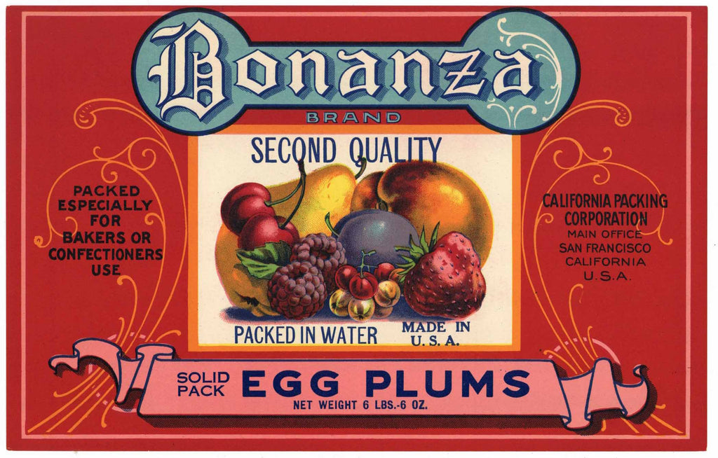Bonanza Brand Vintage Egg Plums Can Label