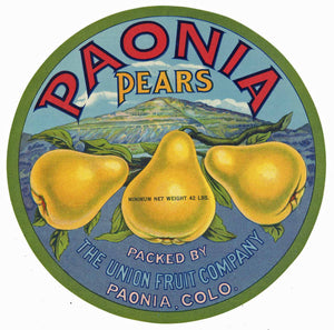 Paonia Brand Vintage Colorado Pear Crate Label