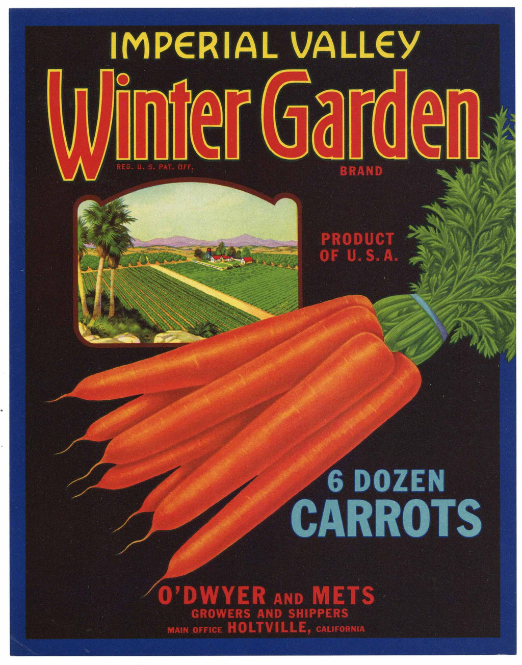 Winter Garden Brand Vintage Imperial Valley Vegetable Crate Label, Carrots, 6 dozen
