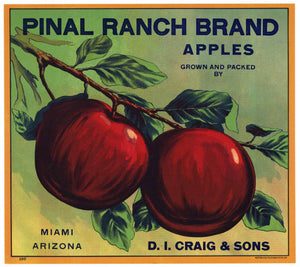 Pinal Ranch Brand Vintage Miami Arizona Apple Crate Label, branch from left