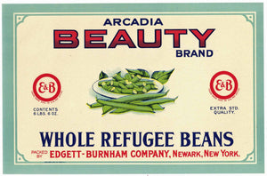 Arcadia Beauty Brand Vintage Whole Refugee Beans Can Label, sq
