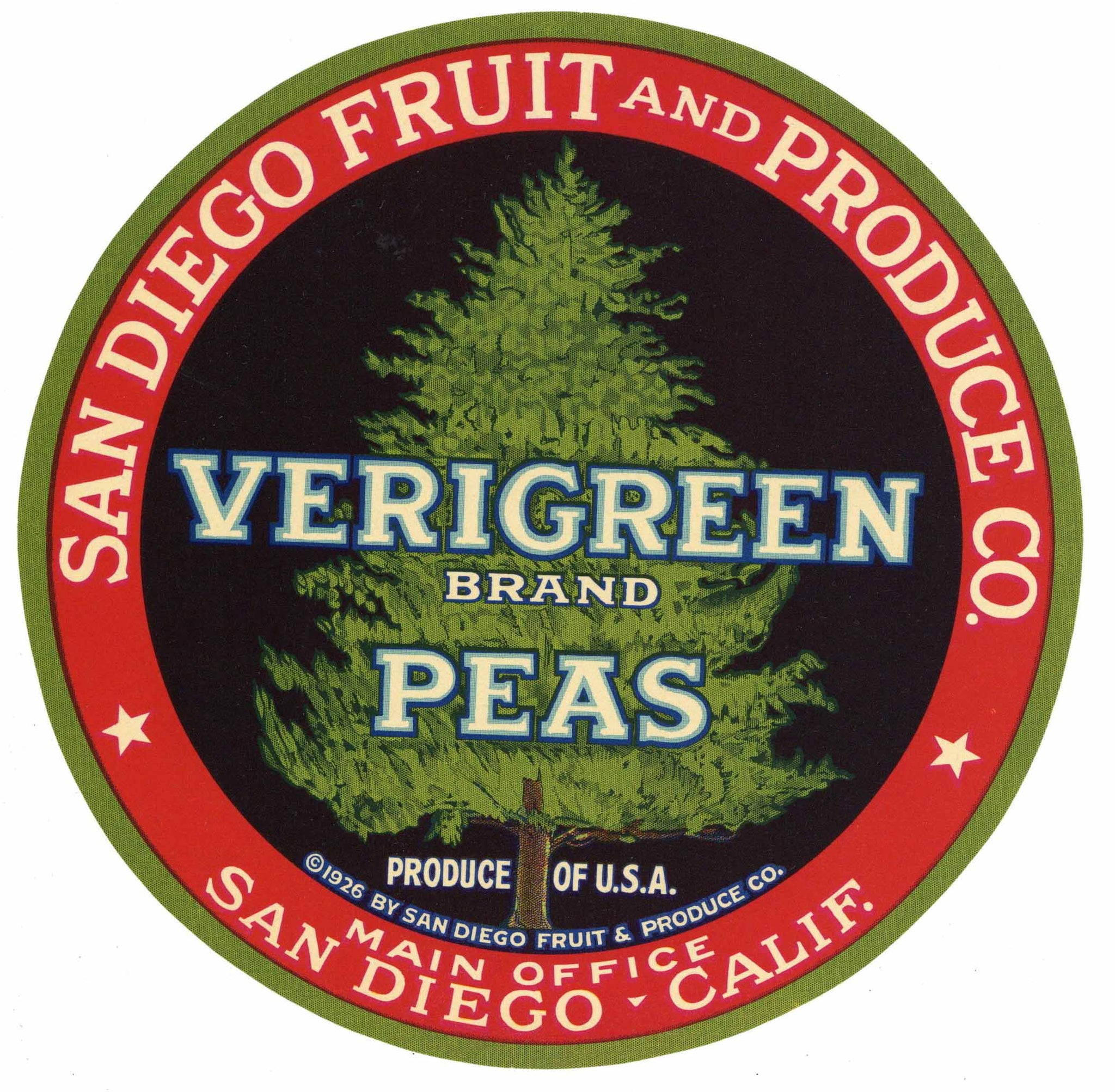 Verigreen Brand Vintage San Diego Vegetable Crate Label, Peas
