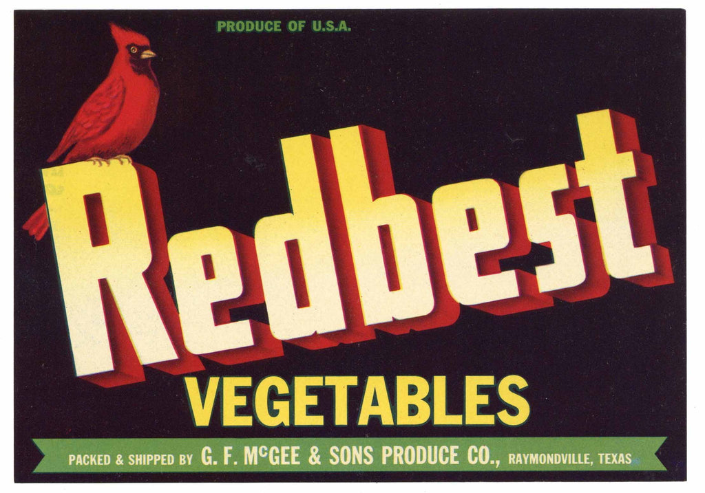 Redbest  Brand Vintage Raymondville Texas Vegetable Crate Label