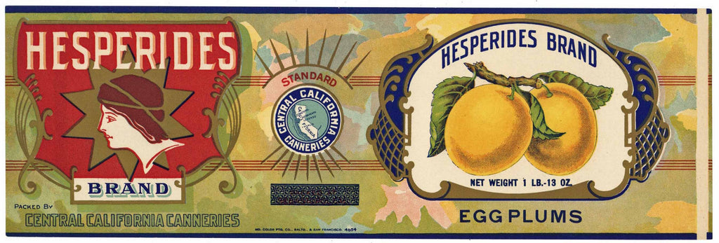 Hesperides Brand Vintage  Egg Plums Can Label