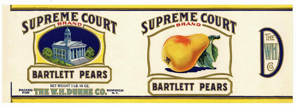 Supreme Court Brand Vintage Norwich New York Pear Can Label