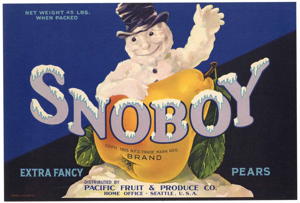 Snoboy Brand Vintage Pear Crate Label, o, Extra Fancy