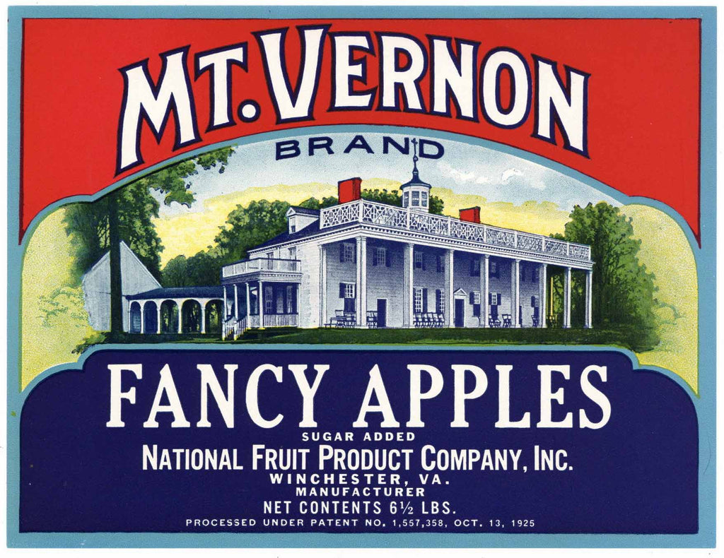 Mt. Vernon Brand Vintage Winchester, Virginia Apple Can Label