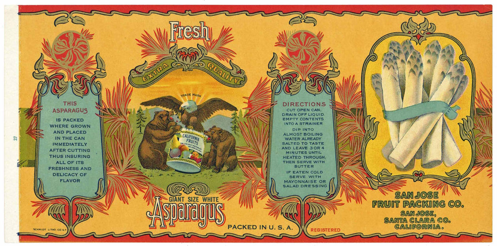Fresh Asparagus Brand Vintage San Jose Packing Co. Can Label. o