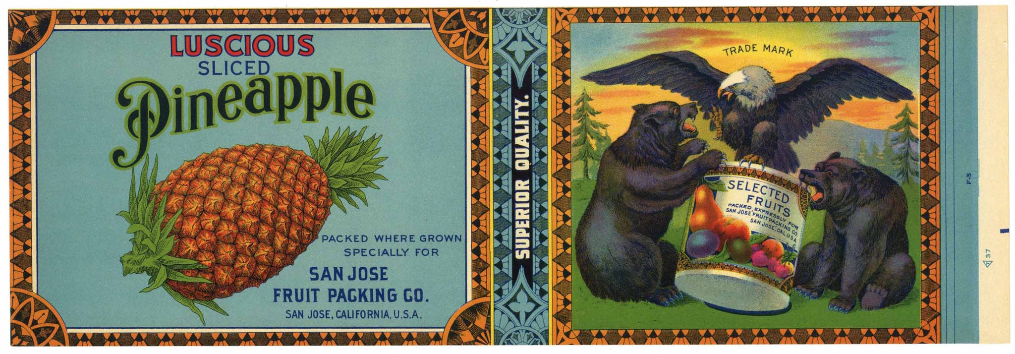 Luscious Sliced Pineapple Brand Vintage San Jose Packing Co. Can Label