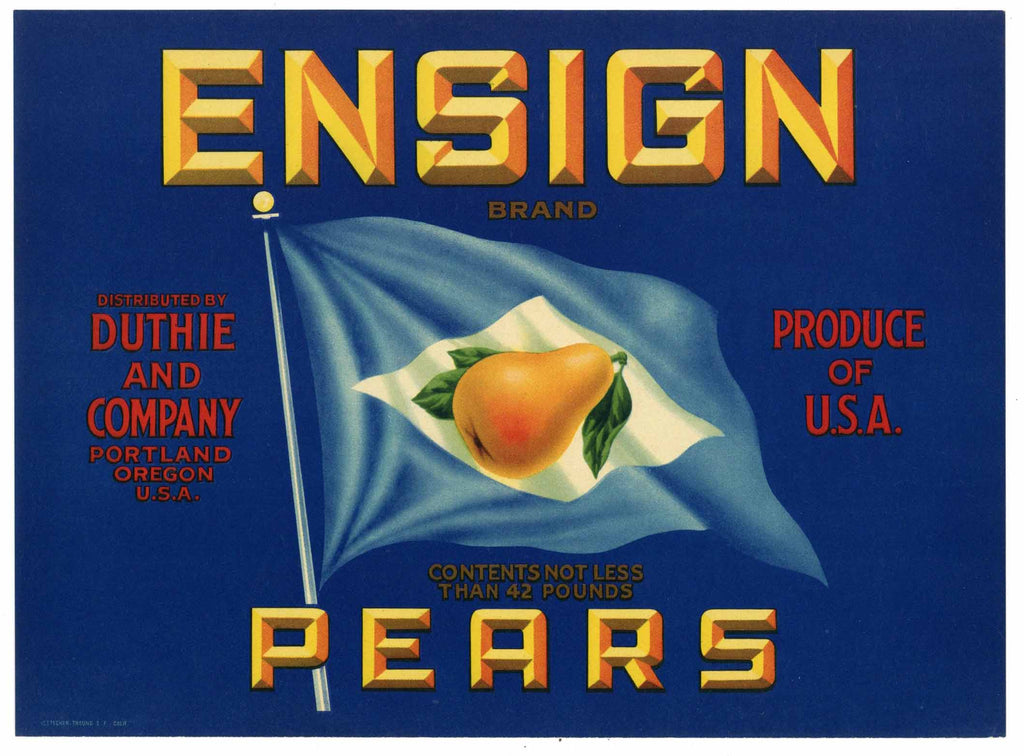Ensign Brand Vintage Portland Oregon Pear Crate Label, blue