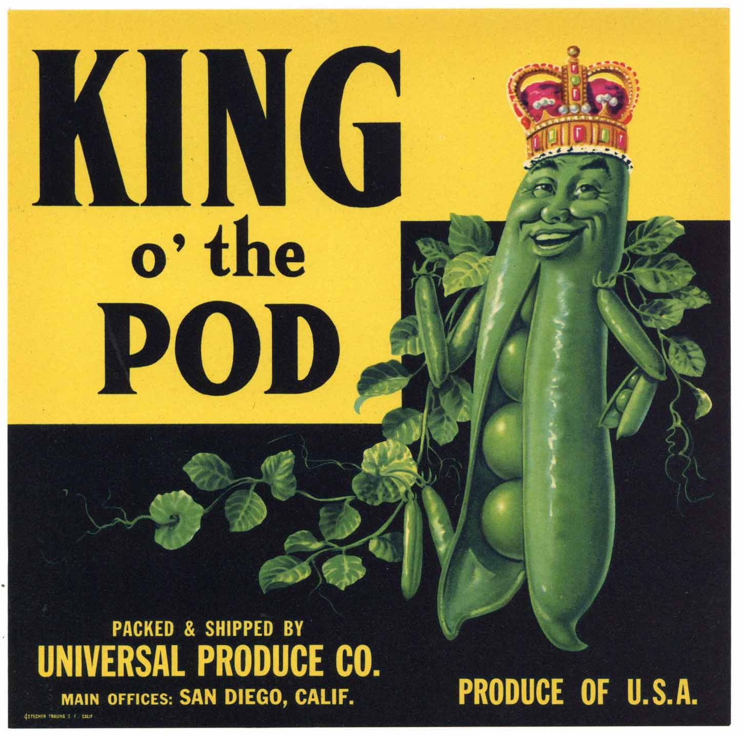 King O' The Pod Brand Vintage San Diego Vegetable Crate Label