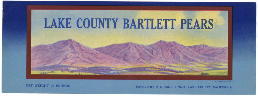 Lake County Bartlett Pears Brand Vintage Pear Crate Label