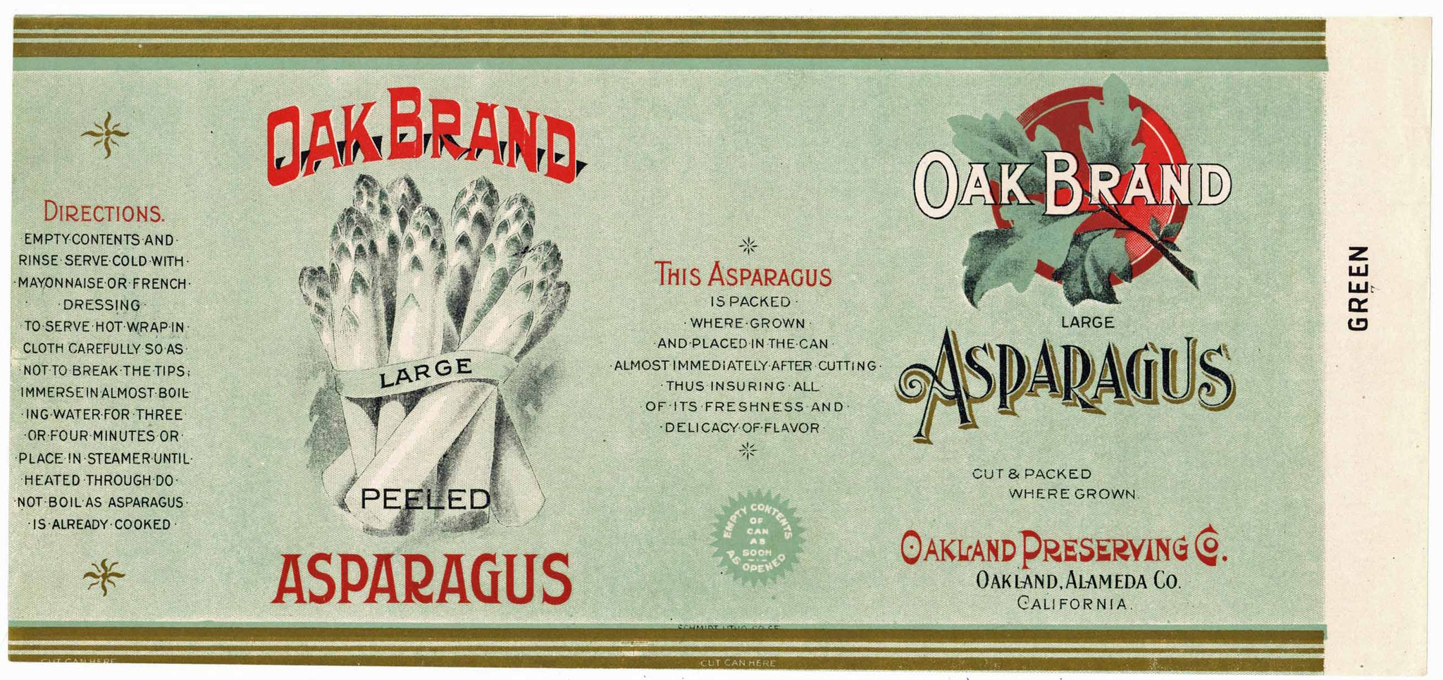 Oak Brand Vintage Oakland Alameda County Asparagus Can Label, green