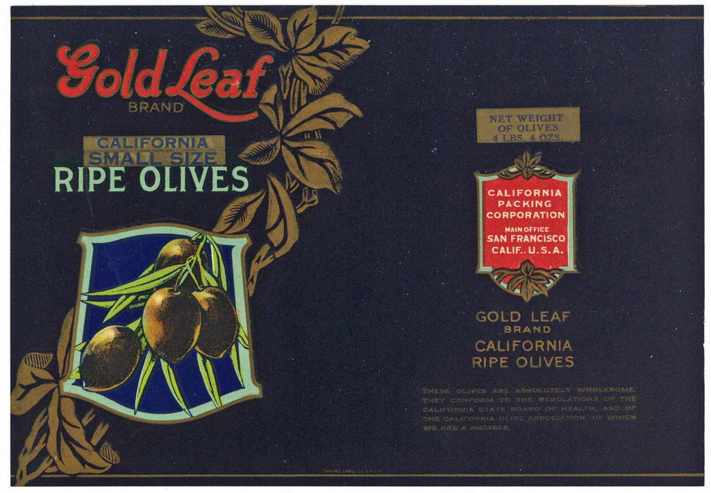 Gold Leaf Brand Vintage Olive Can Label, s