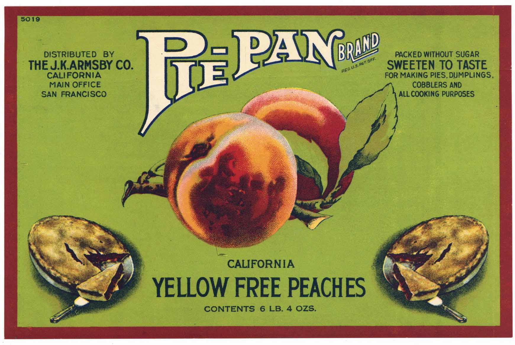 Pie-Pan Brand Vintage Yellow Free Peaches Can Label