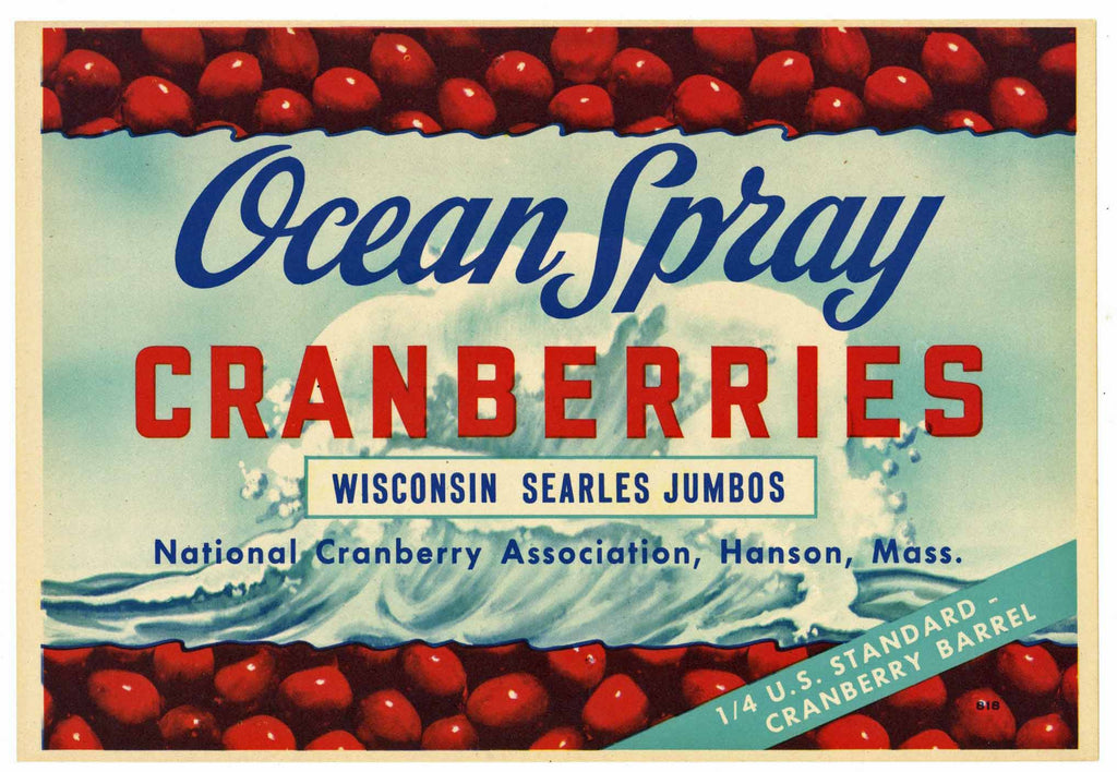 Ocean Spray Brand Vintage Hanson Massachusetts Cranberry Crate Label, 1/4