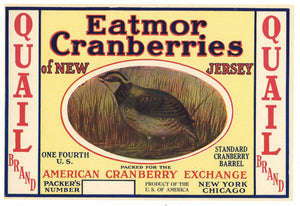Quail Brand Vintage New Jersey Cranberry Crate Label, 1/4