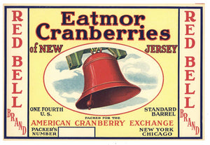 Red Bell Brand Vintage New Jersey Cranberry Crate Label, 1/4