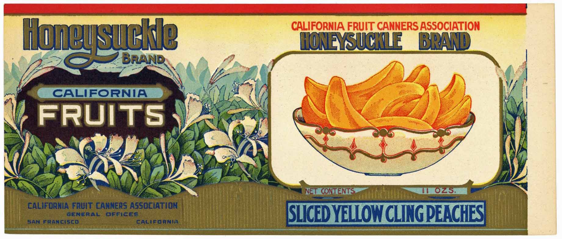 Honeysuckle Brand Vintage Sliced Peaches Can Label