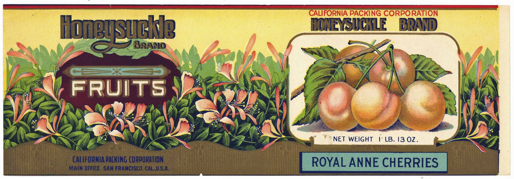 Honeysuckle Brand Vintage Royal Anne Cherries Can Label