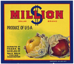 Million $ Brand Vintage Walla Walla Washington Apple Crate Label