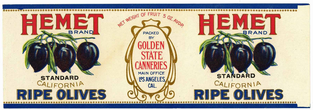 Hemet Brand Vintage Golden State Canneries Olive Can Label, small