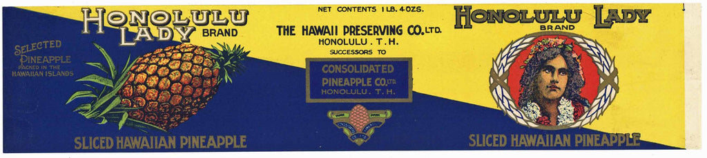 Honolulu Lady Brand Vintage Sliced Pineapple Can Label, early