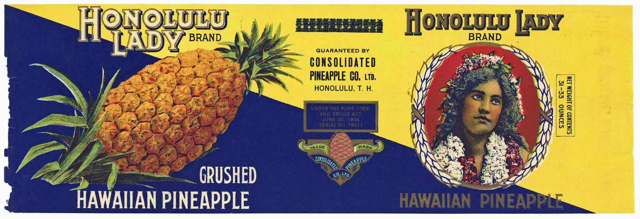 Honolulu Lady Brand Vintage Crushed Pineapple Can Label, wear