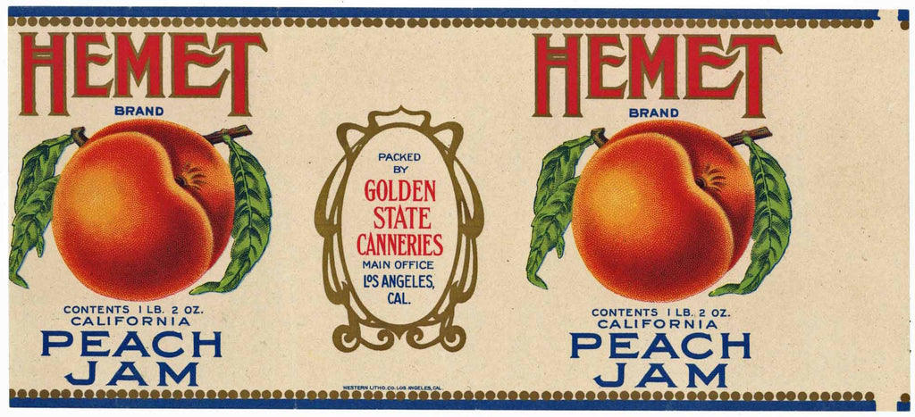 Hemet Brand Vintage Golden State Canneries Peach Jam Can Label