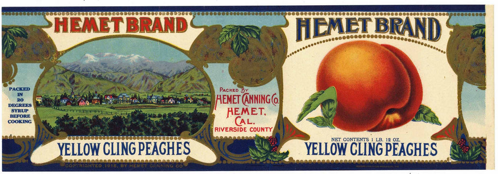 Hemet Brand Vintage Riverside County Peach Can Label