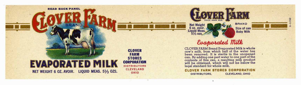 Clover Farm Brand Vintage Ohio Milk Can Label, S