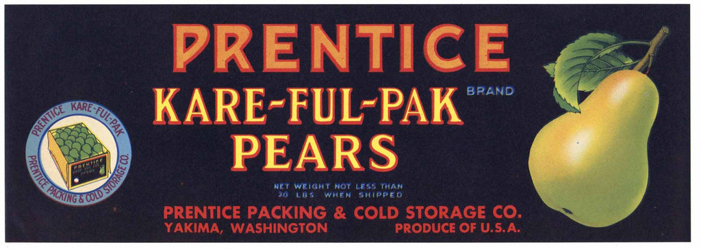 Prentice Brand Vintage Yakima Washington Pear Crate Label, lug
